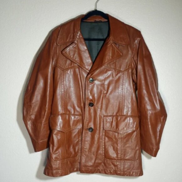 Vintage Leather 70s William Barry Wide Lapel Western Yoke Funky Hip Retro Jacket - Picture 1 of 12